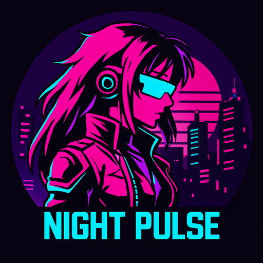 Round shape song cover of cyberpunk anime style with the themed “Night Pulse”.
In-Game asset.  2d.  High contrast.  No shadows