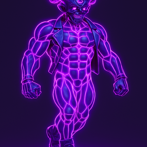 bare segmented neon cyberpunk pecs abs muscles robot monster hunk Neon cyberpunk 3d hologram corporate occult demon android mecha robot sentinel guard soldier machine monster fully in frame no part cut off no background anime futuristic Background removed, "Full-body character, entirely in frame, no cropping of face, head, or feet" "Complete character visible, from head to toe, fully centered in the image" "Entire character, including face and boots, fully within the frame" Character fully contained within a square frame, no edges cut off horns through boots Walking animation forward Neon purple