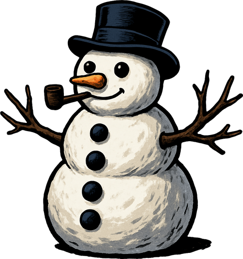 Hombre de nieve con pipa y manos de ramas y tres botones negros verticalmente algo realista.
In-Game asset.  2d.  High contrast.  No shadows