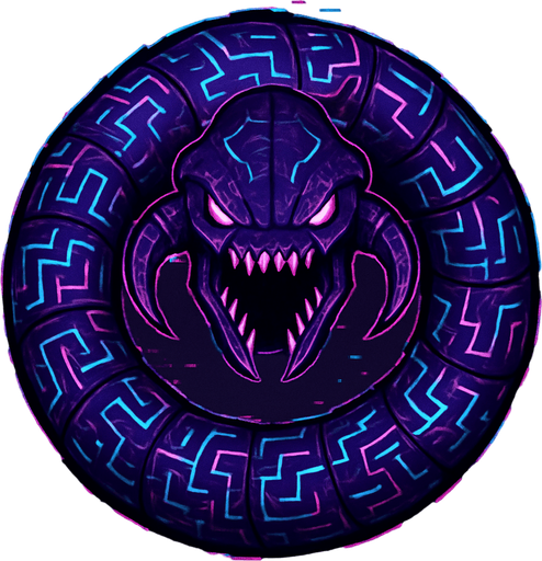 giant worm-like virus creature, segmented body, glowing circuit patterns, top-down view, menacing style, glitch effects, sci-fi, dark purple and neon accents, symmetrical, circular..
In-Game asset.  2d.  High contrast.  No shadows
