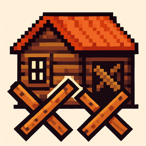 casa de madera con barricadas de pixeles.
In-Game asset.  2d.  High contrast.  No shadows
