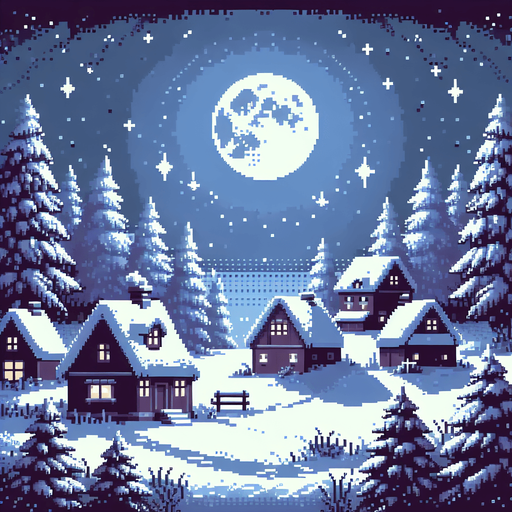 gif pixel art for game background, snow on the ground, houses in the far background and moonligh, trees on the left and right, cozy Christmas atmosphere Single Game Texture. In-Game asset. 2d. Blank background. High contrast. No shadows.