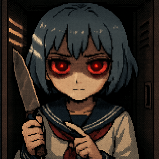 Stella is a 15-year-old anime girl—sweet and incredibly kawaii—with short, soft hair in a bluish-gray tone (HEX: #b0b9d8) and deep black eyes. She wears a traditional Japanese school uniform, the classic sailor-style fuku. In her right hand, she holds a butcher knife. Her expression is serious, and her eyes, now glowing with an intense yandere red, reflect jealousy and obsession. Dark under-eye circles emphasize her unsettling gaze.

She is inside a high school locker in a Japanese school. Her right hand is slightly raised, gripping the knife, while her left hand gently touches the blade with her index finger, mimicking the motion of a clock hand—adding to the eerie atmosphere. To emphasize the feeling of being inside the locker, soft light shines through the ventilation slits, casting dramatic shadows across her face.

The entire scene is rendered in detailed Pixel Art style, enhancing both the cuteness and the unsettling atmosphere of the character and setting.