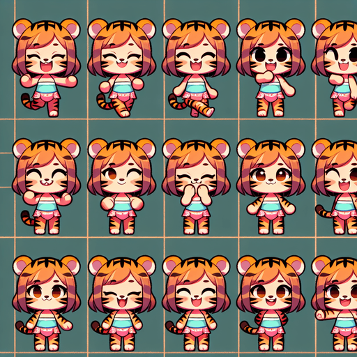 A spritesheet with a number of poses of an happy little tigergirl in a swimsuit, smiling, walking, waiting, standing, ordering, turning, etc. all seen from the side.The spritesheet should be laid out in a rectangular grid with clear space between each individual sprite. Each sprite in the sheet should be around 300x600 pixels in size.
Single Game Texture. In-Game asset. 2d. Blank background. High contrast. No shadows.