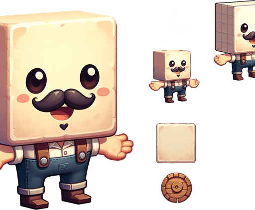 A little farmer that is comically square shaped..
Single Game Texture. In-Game asset. 2d. Blank background. High contrast. No shadows.