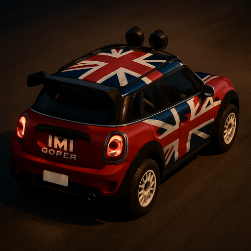 Photorealistic red MINI COOPER Rallycar with something like British flag livery in nightlight, drone topview from back and 45 degrees angle in top right corner. Replace MINI to IMI and Cooper too Qoper.
