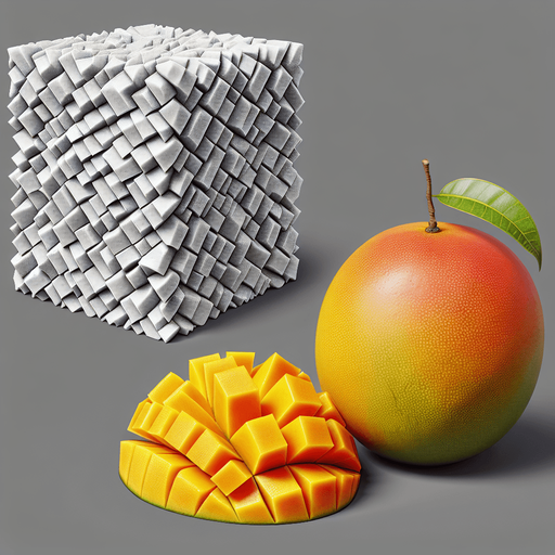 A mango and a few slices  of mango.
Single Game Texture. In-Game asset. 2d. Blank background. High contrast. No shadows.