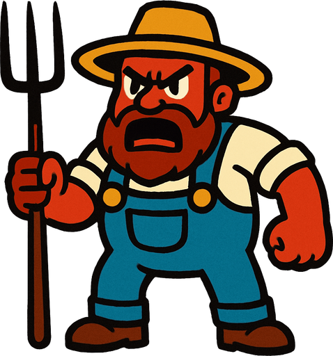 angry farmer with all body.
In-Game asset.  2d.  High contrast.  No shadows