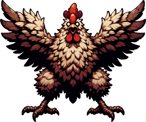 Kanatları açık canavar bir tavuk.
Single Game Texture.  In-Game asset.  2d.  Blank background.  High contrast.  No shadows