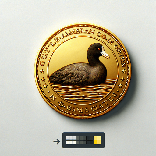 A single golden coin with the head of an American 
Coot on it..
Single Game Texture. In-Game asset. 2d. Blank background. High contrast. No shadows.
