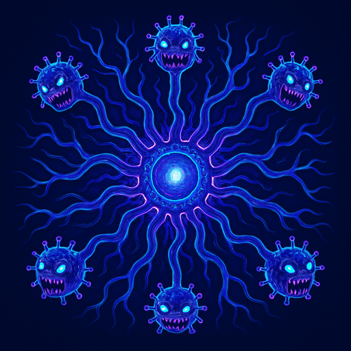 multi-headed virus monster, branching tendrils, glowing core, topdown view, blue and purple neon, organic digital fusion style, symmetrical, circular.
In-Game asset.  2d.  High contrast.  No shadows