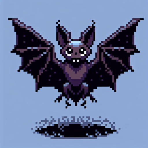 pixelart vampire bat.
Single Game Texture. In-Game asset. 2d. Blank background. High contrast. No shadows.
