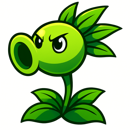 Una planta de color verde brillante, con un cuerpo principal esférico que se estrecha hacia adelante para formar una boca grande y redonda. De la parte posterior de su cabeza, brotan varias hojas puntiagudas. Tiene dos ojos grandes y redondos, con pupilas negras, y su expresión es decidida. Su tallo es delgado y verde, anclado en un grupo de hojas más grandes en la base..
In-Game asset.  High contrast.  No shadows