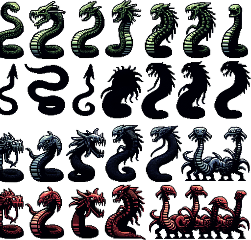 A sprite sheet of evil and dangerous looking outer space dragon serpents, head and body segments..
Single Game Texture. In-Game asset. 2d. Blank background. High contrast. No shadows.