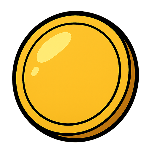 Simple golden coin, rounded, shiny, big black outline, funny