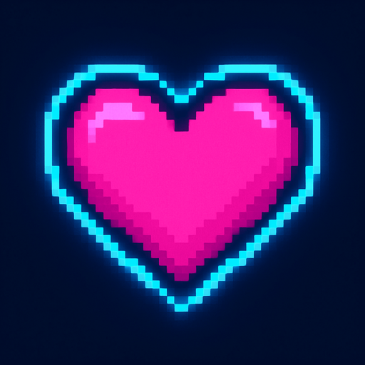 Neon pink heart. Pixel art style. Slight neon blue outer glow.
In-Game asset.  2d.  High contrast.  No shadows