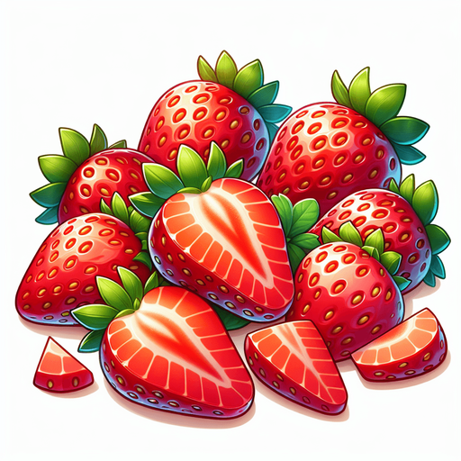 Lush, mature strawberries, cleaned and slices and ready for use in bakery or for decoration..
Single Game Texture. In-Game asset. 2d. Blank background. High contrast. No shadows.