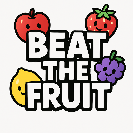 "Beat the Fruit" titulo para el juego, muestra las letras en grande blancas con un borde negro y sin fondo, con algunas frutitas felices junto a las letras.
In-Game asset.  2d.  High contrast.  No shadows