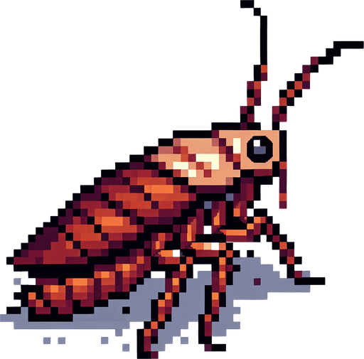 Genera una cucaracha de color marron que se vea solo de perfil mirando a la izquierda en pixel art.
Single Game Texture.  In-Game asset.  2d.  Blank background.  High contrast.  No shadows