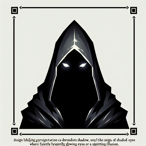 A stylized cloak hood casting a deep shadow, with only faint eyes or nothing visible within. Could also be a figure splitting into a solid version and a shadowy decoy..
Single Game Texture.  In-Game asset.  2d.  Blank background.  High contrast.  No shadows