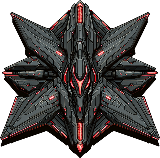 A 2D top-down view of an alien spaceship with a dark metallic body, glowing red energy cores, and sharp angular wings. The design is sleek and futuristic, suitable for a space shooter game..
Single Game Texture.  2d.  Blank background.  High contrast.  No shadows