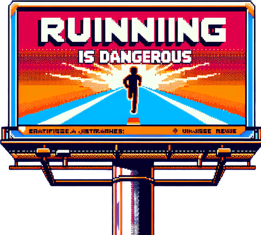 face view of billboard warning about "RUNNING IS DANGEROUS".
video game style
