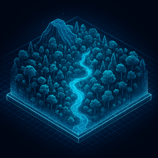 Top down isometric cyberpunk simulation hologram grid projection forest biome, wilderness dense foliage wild rainforest mountain river