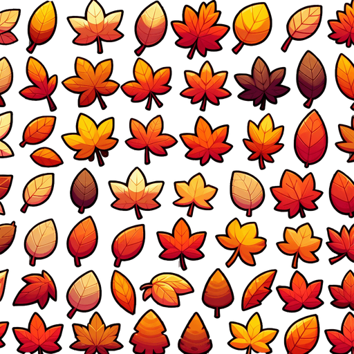 A sprite sheet of fall leaves. Cartoon.
Single Game Texture. In-Game asset. 2d. Blank background. High contrast. No shadows.