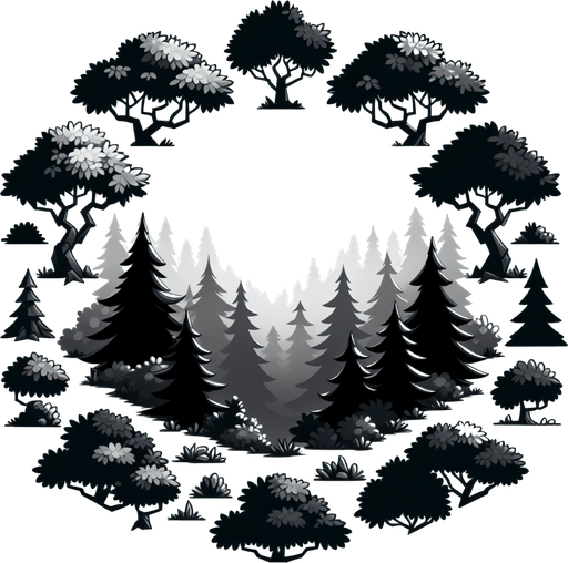 Trees.
Single Game Texture. In-Game asset. 2d. Blank background. High contrast. No shadows.