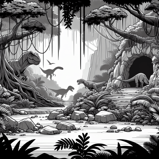 A animated image of prehistoric jungle with a cave.
Single Game Texture. In-Game asset. 2d. Blank background. High contrast. No shadows.