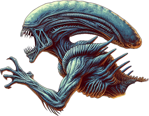 Draw a scary and grotesque alien, similar to the ones from the movie Alien, attacking a spaceship positioned at the bottom of the screen..
Single Game Texture. In-Game asset. 2d. Blank background. High contrast. No shadows.