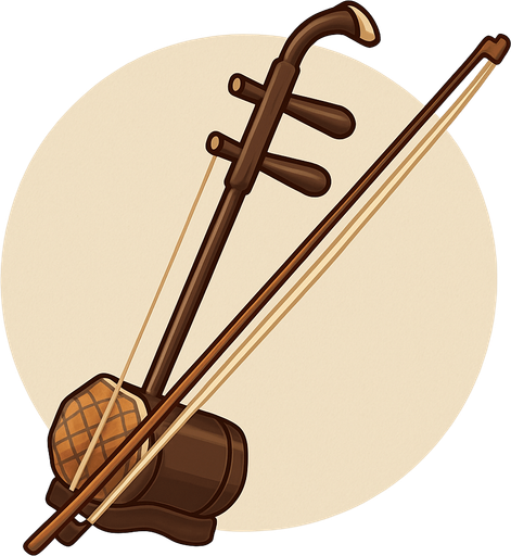 A clean 2D illustration of a traditional Chinese erhu string instrument, showing the bow and curved neck. Stylized with soft shadows, light highlights, and a transparent rounded background for use in educational games..
In-Game asset.  2d.  High contrast.  No shadows