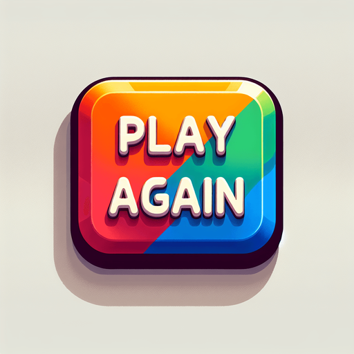 A colorful rectangular button with the text "Play Again" with each letter in a different color picked from a nice palette..
Single Game Texture. In-Game asset. 2d. Blank background. High contrast. No shadows.