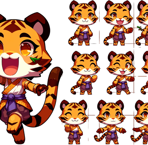A spritesheet with a number of poses of an happy little tigergirl in a swimsuit, smiling, walking, waiting, standing, ordering, turning, etc. all seen from the side.The spritesheet should be laid out in a rectangular grid with clear space between each individual sprite. Each sprite in the sheet should be around 300x600 pixels in size.
Single Game Texture. In-Game asset. 2d. Blank background. High contrast. No shadows.