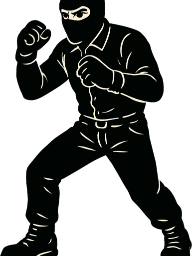 hombre con camisa negra de manga larga, pantalones negros, botas negras y guantes negros y un pasamontañas negro en posicion de combate.
In-Game asset.  2d.  High contrast.  No shadows