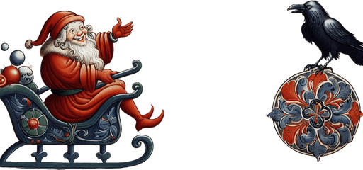 a pergament with santa on a sledge and his flying reindeers throwing a snowball to a raven. There is the text: "Its easier to hit something from above than below. Thanks to gravity."