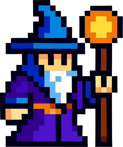 piksel büyücü.
In-Game asset.  2d.  High contrast.  No shadows