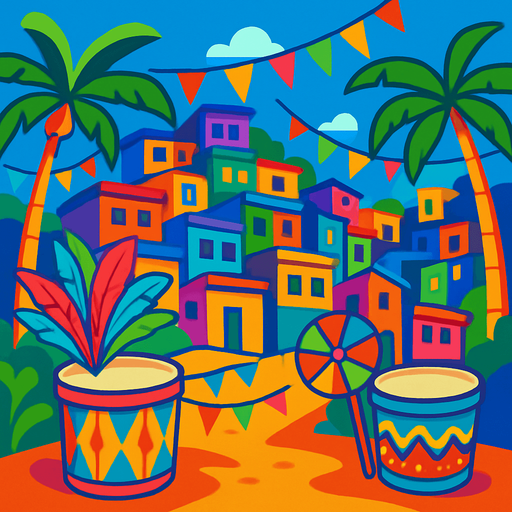 A Rio-style cityscape with colorful houses, palm trees, and carnival decorations. Bright and fun atmosphere for samba drums..
In-Game asset.  2d.  High contrast.  No shadows
