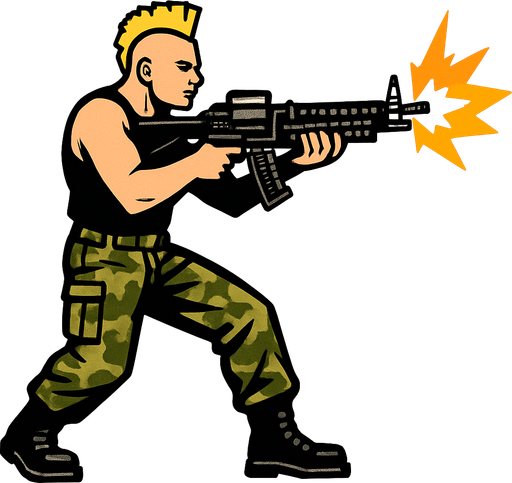 un hombre de 90 kilos rubio con un mohicano con una camiseta de tirantes negra con pantalones de militar disparando un m60 sin brazo con la perspectiva lateral de cuerpo completo.
In-Game asset.  2d.  High contrast.  No shadows