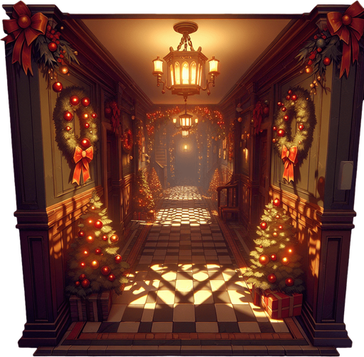 Eerie Christmas-inspired hallway similar to a resident evil room
Single Game Texture. In-Game asset. 2d. Blank background. High contrast. No shadows.