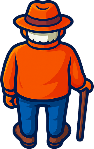 An old man with a cane and hat. Still facing straight forward with back facing straight down.