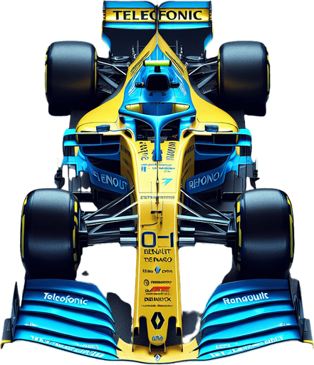 Photorealistic Renault F1 race car, top view. Bright skyblue body. Banana Yellow nose with blue sidelines.
Royalblue Front and Rear wing. Neon-yellow ,,Telefonicai" text on rearwing. 
White ,,TEAM SPIRIT" text on nose. Blue ,,RENAIULT" text on body.