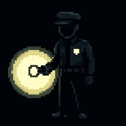 Guardia completamente negro con linterna iluminando con un circulo de aura pixelart.
In-Game asset.  2d.  High contrast.  No shadows
