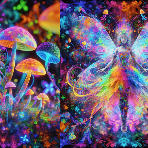 A whimsical fairy girl adorned in vibrant psychedelic colors, seamlessly blending with an array of fantastical mushrooms. Her ethereal form radiates a kaleidoscope of neon hues, creating a mesmerizing aura that dances with every movement. Mushrooms of various shapes and sizes adorn her attire and surroundings, adding an otherworldly charm to her enchanting presence.
Single Game Texture. In-Game asset. 2d. Blank background. High contrast. No shadows.