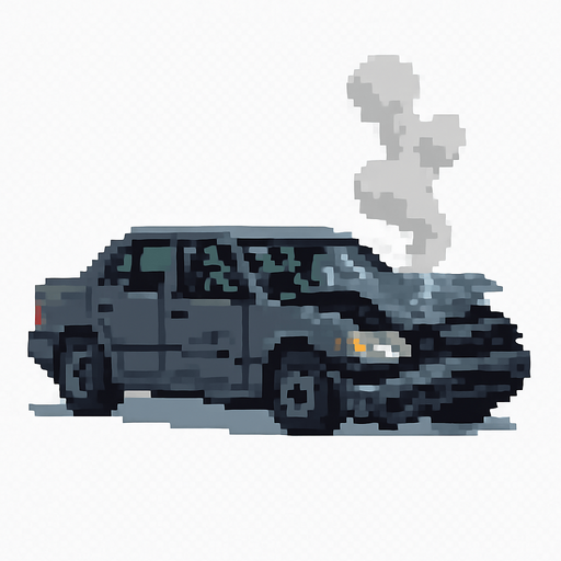 A wrecked grey car with broken windows and smoke coming from the hood but pixel art style . No background. Transparent background. Blank background. No shadows. 2d. In-Game asset. flat