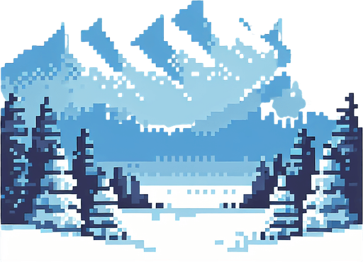 Create a pixel rendition of a winter skyline for a pixel game. The image should feature a light blue sky dominating the scene, with subtle pixelated outlines of mountain crests at the bottom. The sky needs to be clear and bright, showcasing the crispness of a winter day in a pixel art style. Use a gradient of light blue near the pixelated mountain silhouettes, gradually transitioning to a deeper blue towards the top of the image, all in a charming, pixelated format to evoke a serene, wintry atmosphere.. 8 bit. Single Game Texture. In-Game asset. 2d. Blank background. High contrast. No shadows.