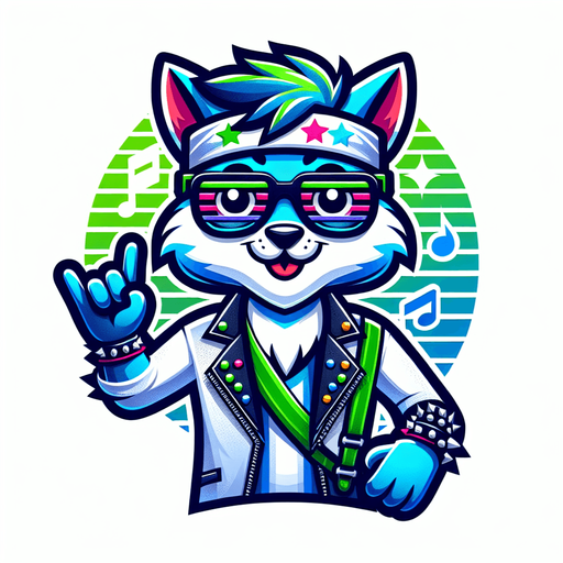 An anthropomorphic blue and green cat animatronic wearing rockstar attire.
Single Game Texture.  In-Game asset.  2d.  Blank background.  High contrast.  No shadows