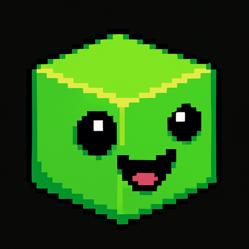 happy green cute cube sprite.
In-Game asset.  2d.  High contrast.  No shadows