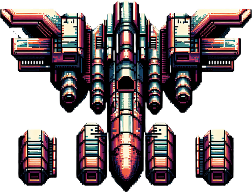 futuristic spaceship old nintendo game sprite.
Single Game Texture.  In-Game asset.  2d.  Blank background.  High contrast.  No shadows