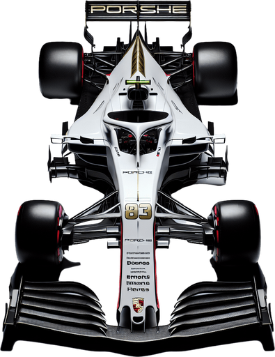 Photorealistic Porsche F1 race car, top view. 
Golden logo on car nose.
White body with black rear and front wing.
Very thick red lines on body from front wing to rear wing. 
Replace Porsche text to white coloured ,,Porshe" text on rear wing.